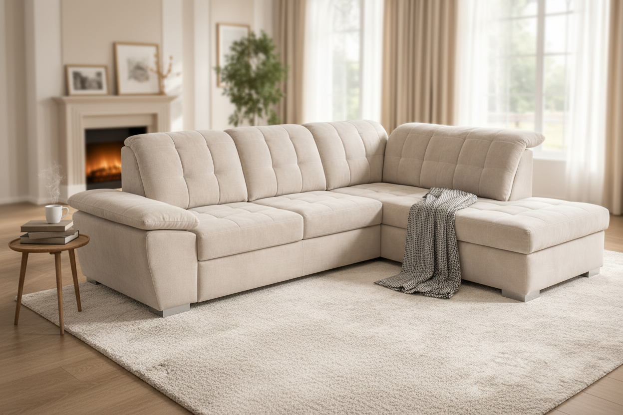 Canapé D’angle Convertible En Velours Beige Avec Coffre Et Lit Intégré